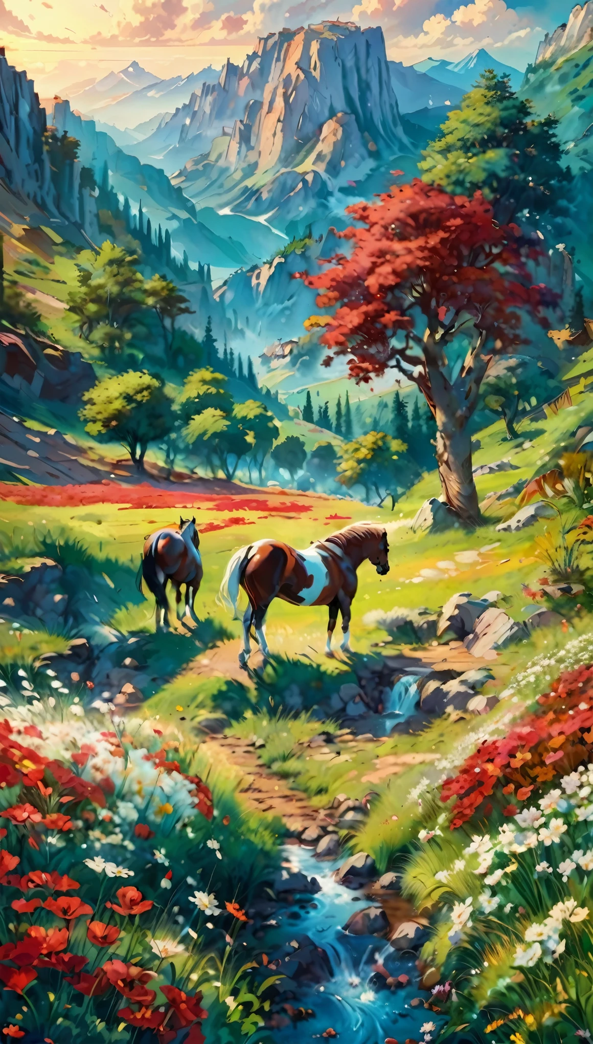 (best quality)), ((masterpiece)), (detailed),no human, back view,  ,brown and white, whild horses, , red and white flowers, grass, tree, clouds, morning, ((highly detailed)) piecefull background, surouded rock mountain. ghibliart style