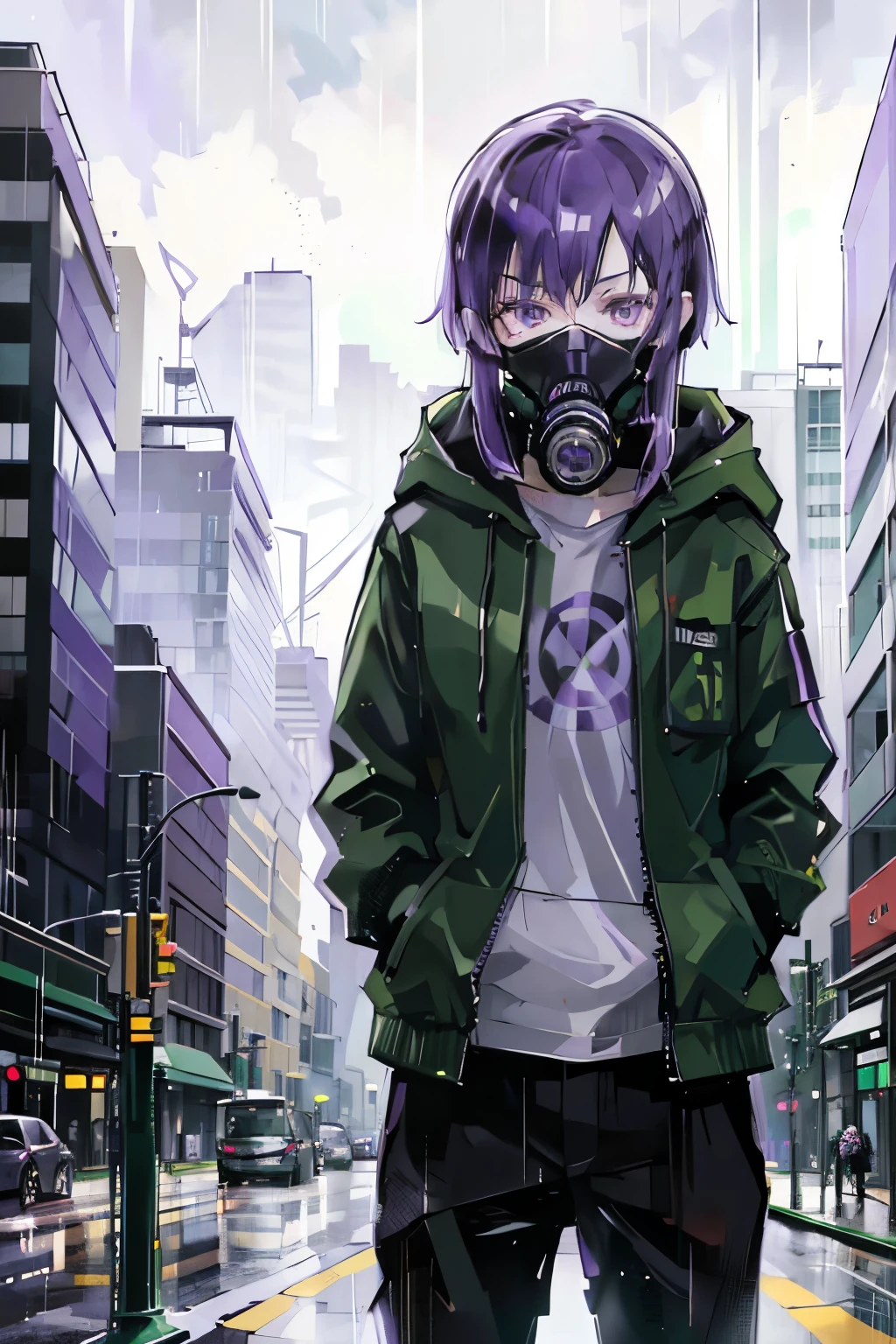 young boy, purple eyes, wearing green jacket, green jacket with hood, black pants, white shirt, purple hair in sholders height, long hair,, in the city, rain city, gas mask, master piece, 4k, detailed eyes