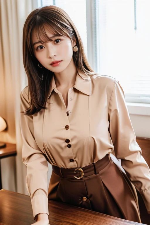 (highest quality, 4K, 8k, High resolution, Tabletop:1.2), Brown Hair、Beaver、Her breasts are beautiful and large。study。Lying on the desk。Dress code: A loose-fitting shirt.。Open some buttons。