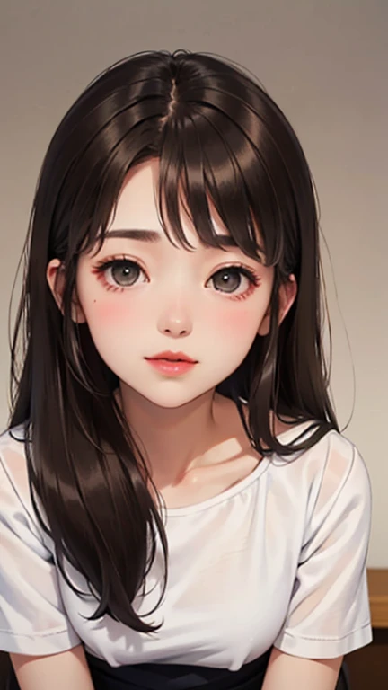 Blushing lightly and smiling, (Top quality masterpiece:1.2) Delicate illustrations, Very detailed, /Beautiful Japanese Woman、1 person,Very cute and slim、Excellent style 、((8K images、super high quality))、Very delicate face, Beautiful forehead、Deep red lipstick,(((((Long Hair、Gradient Hair、Light brown hair))))),very cute、Kind eyes,(White shirt、Tight Skirt)、starry skies、Night view、Cafe、Date