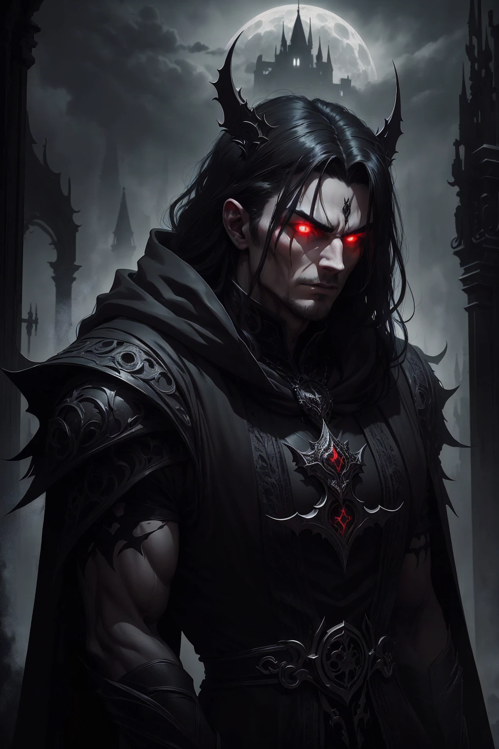 a dark muscular male evil lord, long flowing black hair, black and red cloak, piercing red eyes, menacing expression, powerful aura, standing in a dimly lit chamber,, casting eerie shadows, , adorned with intricate details, with a sinister grin, exuding an aura of darkness, with an intimidating presence, in a gothic castle, with imposing architecture, shrouded in mist, under a blood-red moon, with a storm brewing in the background, creating a foreboding atmosphere, reminiscent of a dark fantasy novel cover, with a dramatic lighting, emphasizing the contrast between light and shadow, evoking a sense of mystery and danger, with a touch of supernatural elements and captivating artistry." no horns