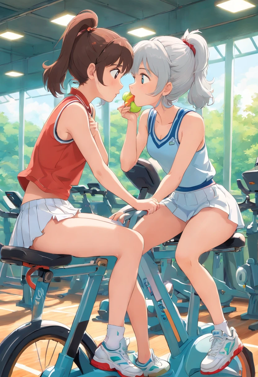 Two girls kiss while sitting on gym cycles saddle cushion, tennis-wear, skirt, white panties,
