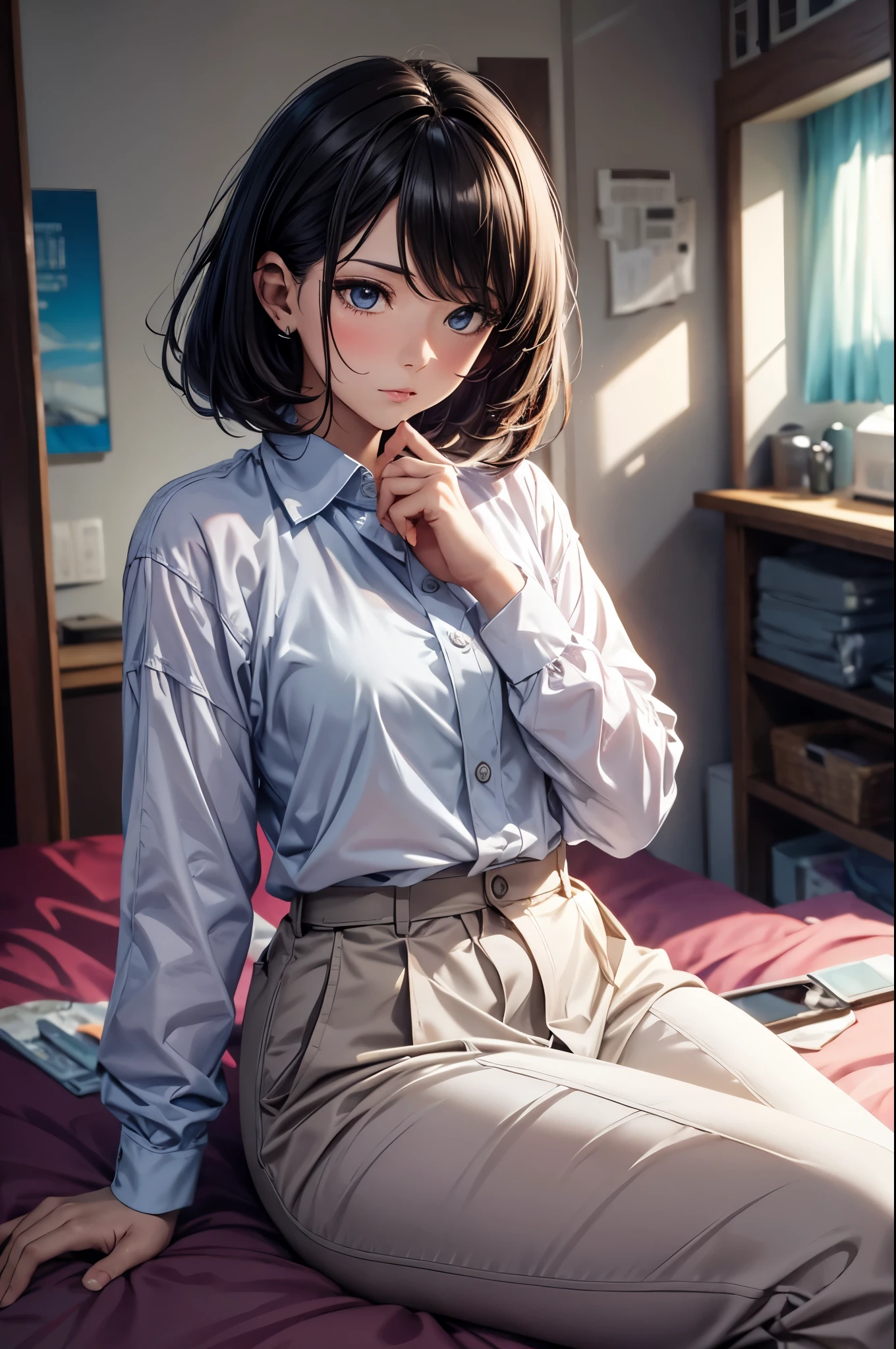 (Very detailed, Realistic), Hospital scene, [Moderate:oil], [Professional:1.1], [Physically Based Rendering], [Vibrant colors], [Sharp focus], [Studio Lighting], [Very detailed説明], [highest quality,4K,8k,expensiveres,masterpiece:1.2],(Focus on the upper body),Inside the house,Inside the room,18-year-old boy,Femboy,trap,(Short black hair),(dark), [Tensed eyes],(expensive ,blouse,slacks),((Sleeping on a reclining bed))