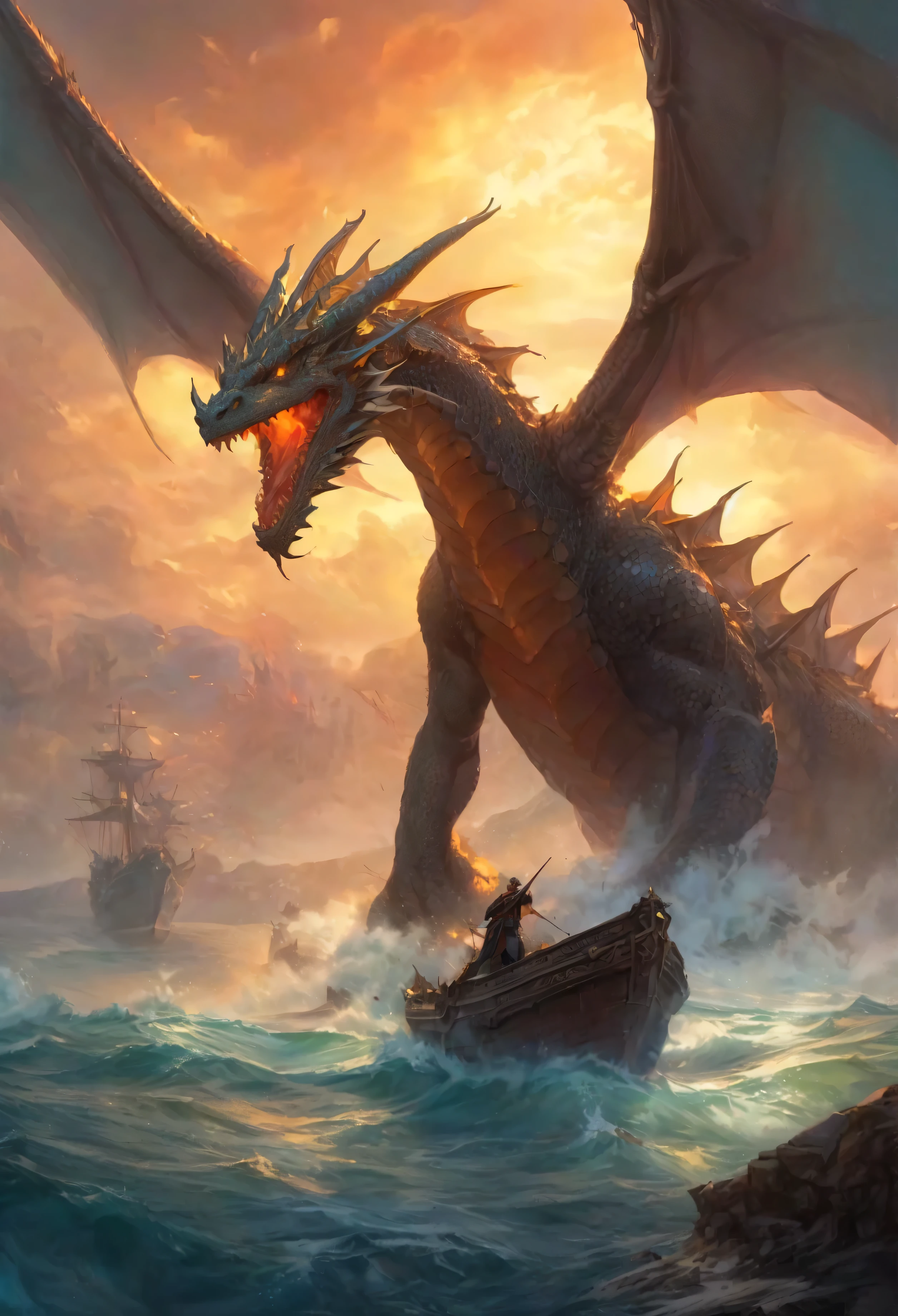there is a woman in a boat with a dragon on the water, a detailed matte painting by Adam Marczyński, shutterstock contest winner, fantasy art, scylla and charybdis, jormungandr, jörmungandr, sea serpent, age girl riding a dragon, riding a dragon, epic fantasy digital art, epic fantasy illustration