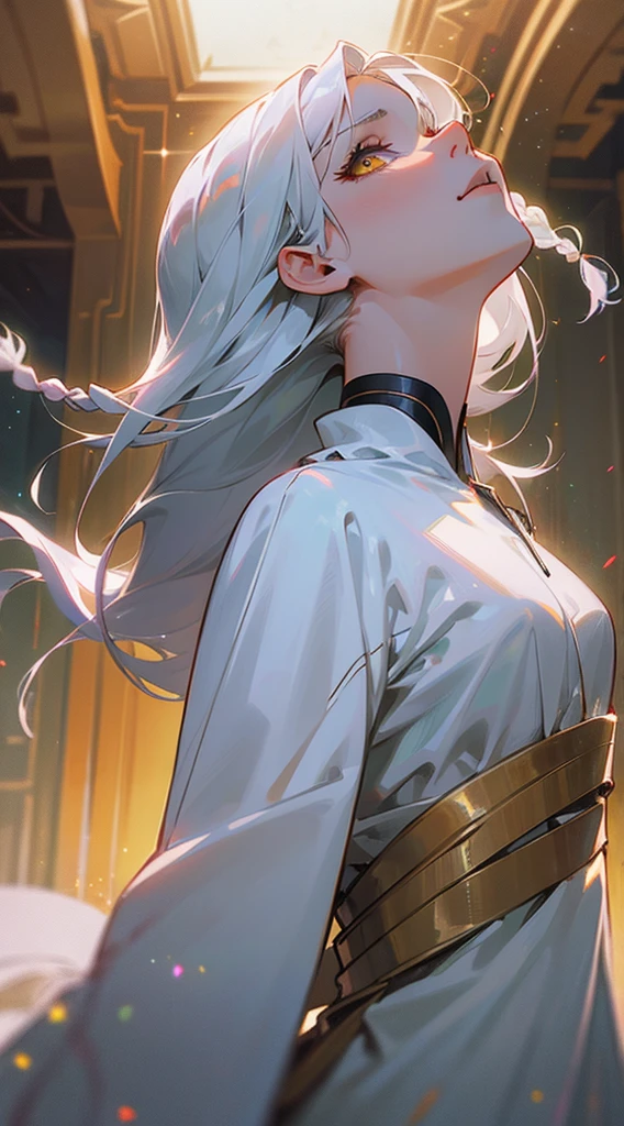 1 girl, solo, superlative, masterpiece, white hair, golden eyes, white clothes, looking up, upper body, hair, fair skin, side braids, looking at the audience,
