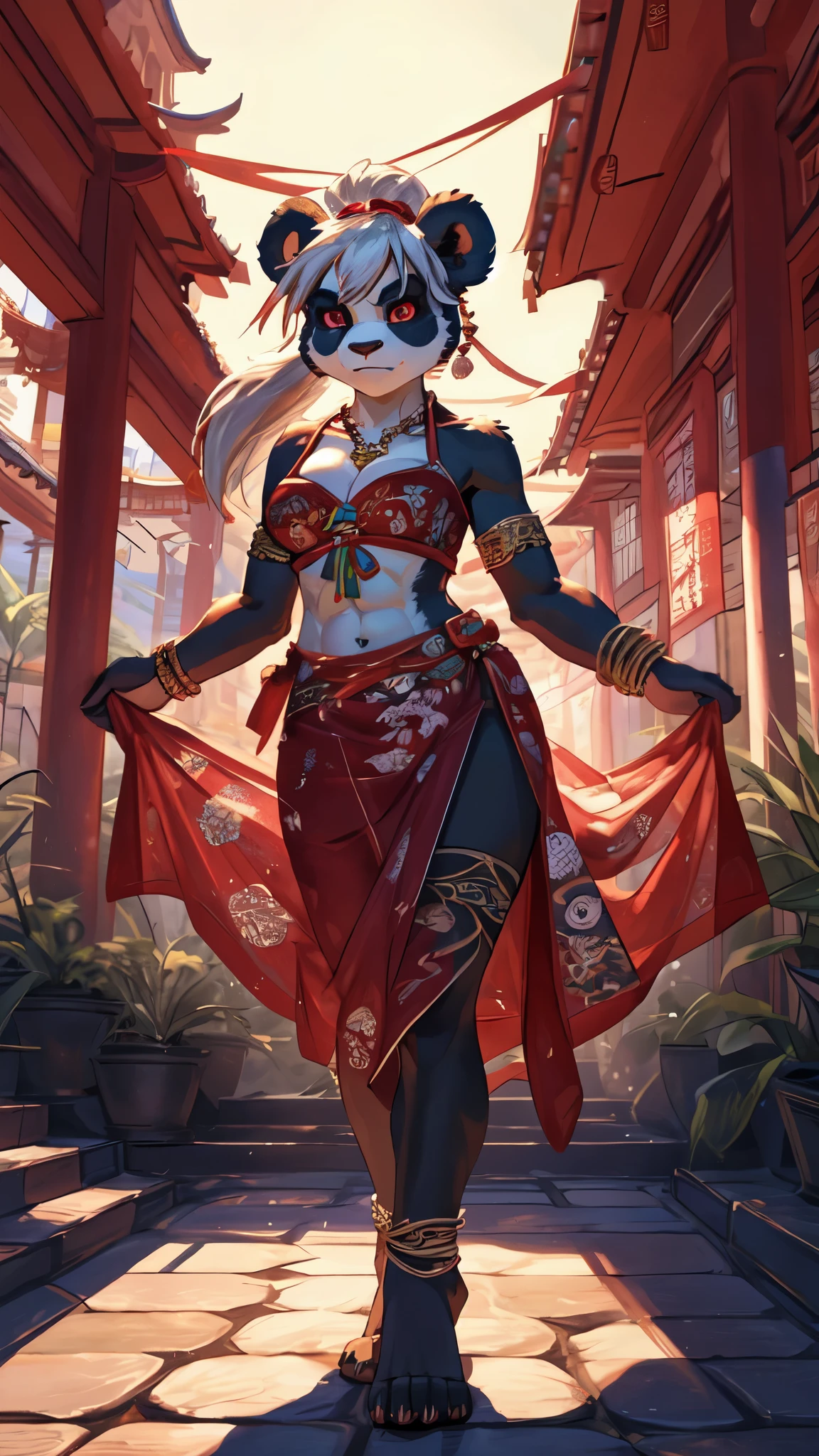 masterpiece, top quality, best quality, highly detailed, 8k, super high resolution, absurdres, perfect anatomy, dynamic_angle, (highly detailed beautiful face and eyes), solo focus, red eyes, white hair, ((long ponytail hairstyle)), furry female anthro, (adult), (full body), (((furry panda body, panda facial features, panda body features))), (slim figure), medium breasts, (cleavage, cleavage tuft), (defined abs), open midriff, (long legs), ((serious expression)), (looking at viewer), chinese beauty, dancing pose, barefoot, bare shoulders, open neck, gorgeous red dress embroidered with intricate embroidery, metal tassels hanging from waist, transparent ribbons tied around her arms, armbands with streamers, necklaces, bracelets, anklets, belts, seaside chinese temple on a foggy night, lush greenery and plant life, trees, ink wash