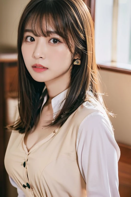 (highest quality, 4K, 8k, High resolution, Tabletop:1.2), Brown Hair、Beaver、Her breasts are beautiful and large。study。Press your chest against the desk。Dress code: A loose-fitting shirt.。Open some buttons。