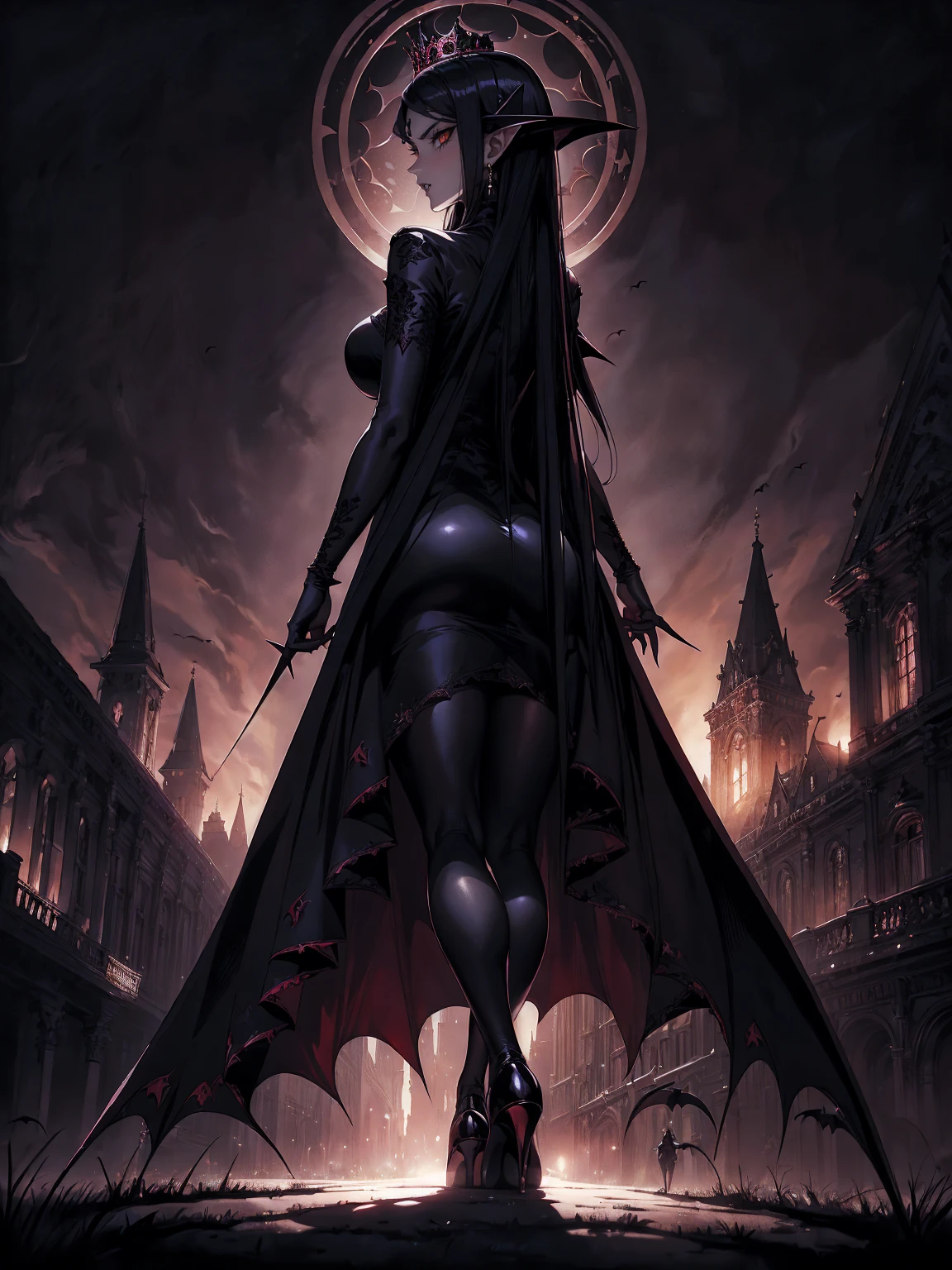 absurdres, ((stunning female Vampire))), goth Renaissance, (long black hair:1.erfect and detailed angular sharp oval shaped face, ((redeyes)), jewelry, red and black tetradic colors, full lips, gothic castle background, (solo), perfect anatomy, approaching perfection, ethereal, intricate details, ultra-high definition, 12k resolution, goth aesthetic, smooth, sharp focus, dreamy, glowing, backlit, glamour, glimmer, fantastical, shadows, smooth, Gothic crown, walking on the ground, backwards, looking back