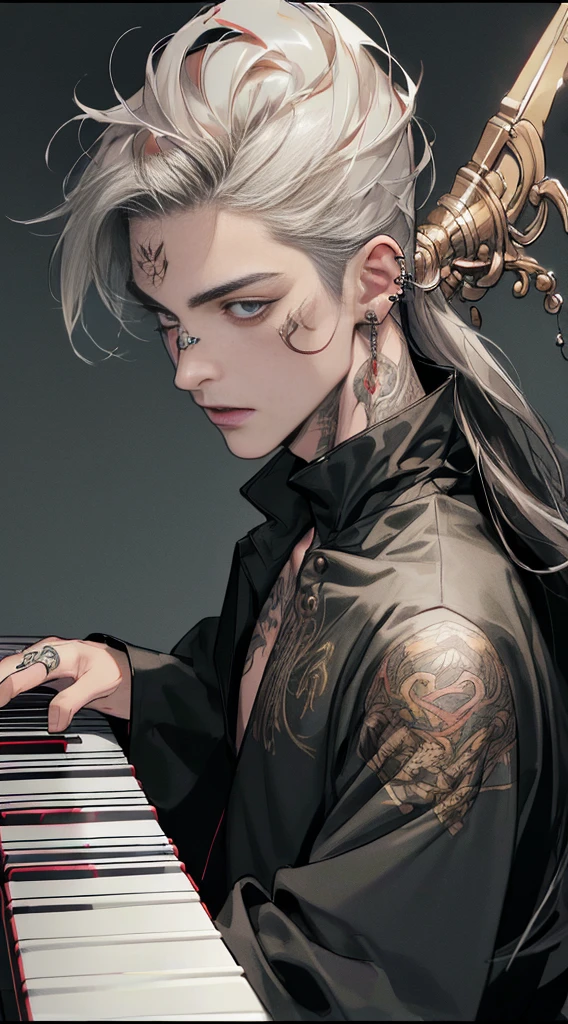 (((8K, RAW photos, Best quality, tmasterpiece: 1.4))), (((The man who plays the piano))), Ultra-high resolution, ultra - detailed, lamplight, Close-up cleavage, Handsome men, red eyes, (Detailed eyes, The eyes are bright:1.2), Black medium long hair, Vampires, pale-skinned, ear piercings, Dark, Blackn clothes, Meticulous clothes, gold accessories on clothes, Sharp fangs, (perfect anatomia:1.2), Highqualityshadow,  natural  lightting, (White highlights:1.2), natta, overcast day, (neck tattoos:1.2), (starrysky:1.2)