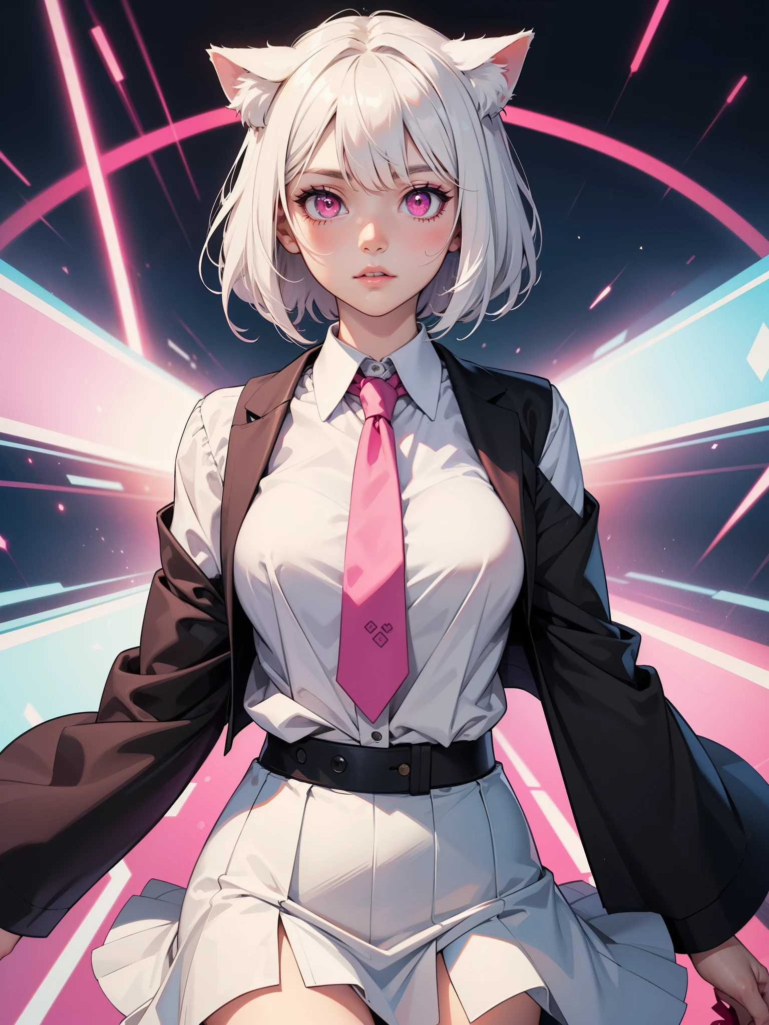 White hair. Short hair. Anime girl. Pink eyes. Glowing eyes. Nekomimi. White clothes. Black skirt. Pink tie.