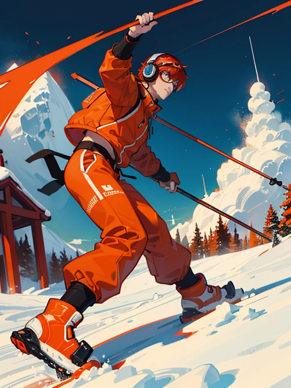 create a decorative snow globe, and inside the snow globe a 35 years old boy wearing orange-red headphones, chinese decent from Hong Kong, nerdy, no glasses, 1.78m tall, 65kg, tone muscle, see the sunset sky in an anime style, seen from a side view, skiing in Niseko, wearing orange-red ski jacket, orange-red ski goggles, mirror coated lens, orange-red ski pants, orange-red ski boots, orange-red ski, orange-red helmet, view from further away, skiing down slope in high speed