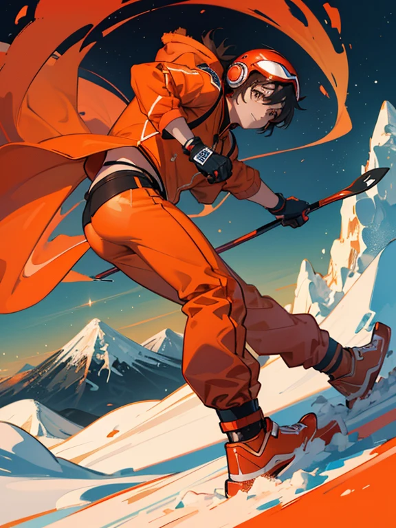 create a decorative snow globe, and inside the snow globe a 35 years old boy wearing orange-red headphones, chinese decent from Hong Kong, nerdy, no glasses, 1.78m tall, 65kg, tone muscle, see the sunset sky in an anime style, seen from a side view, skiing in Niseko, wearing orange-red ski jacket, orange-red ski goggles, mirror coated lens, orange-red ski pants, orange-red ski boots, orange-red ski, orange-red helmet, view from further away, skiing down slope in high speed