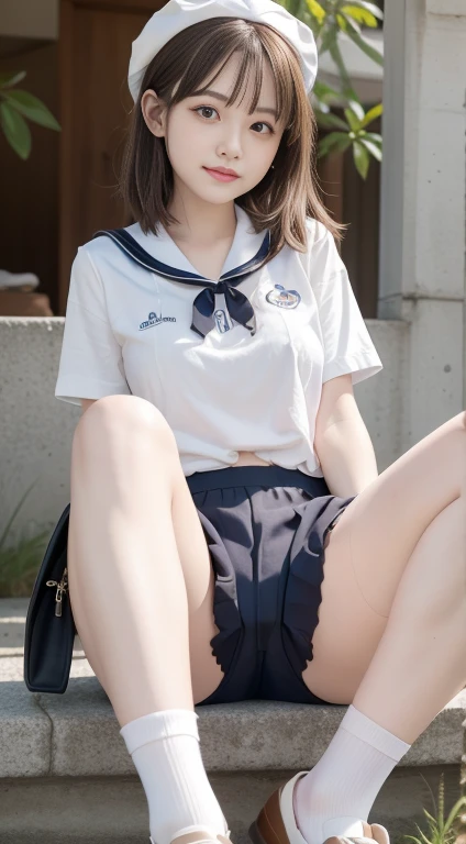 highest quality,Ultra-detailed,masterpiece,Realistic,Photo realistic,Bright lighting,One Girl, Very cute girl, (cute:1.2),A sparkling smile, black eye,Black-haired,Bobcut,beret、(Bans),Perfect glowing skin,Perfect Skin,((erotic,Sexy)),huge  ,Big breasts and small waist, low length、Look at the viewers,Sailor suit,High School Uniform:1.2、Short sleeve,tie,Sit on,socks、Futomo、rucksack、(Loafer shoes), Daytime,Inside the bus,、((Sexy panties in full view:1.2))、((Spread your legs wide:1.2))