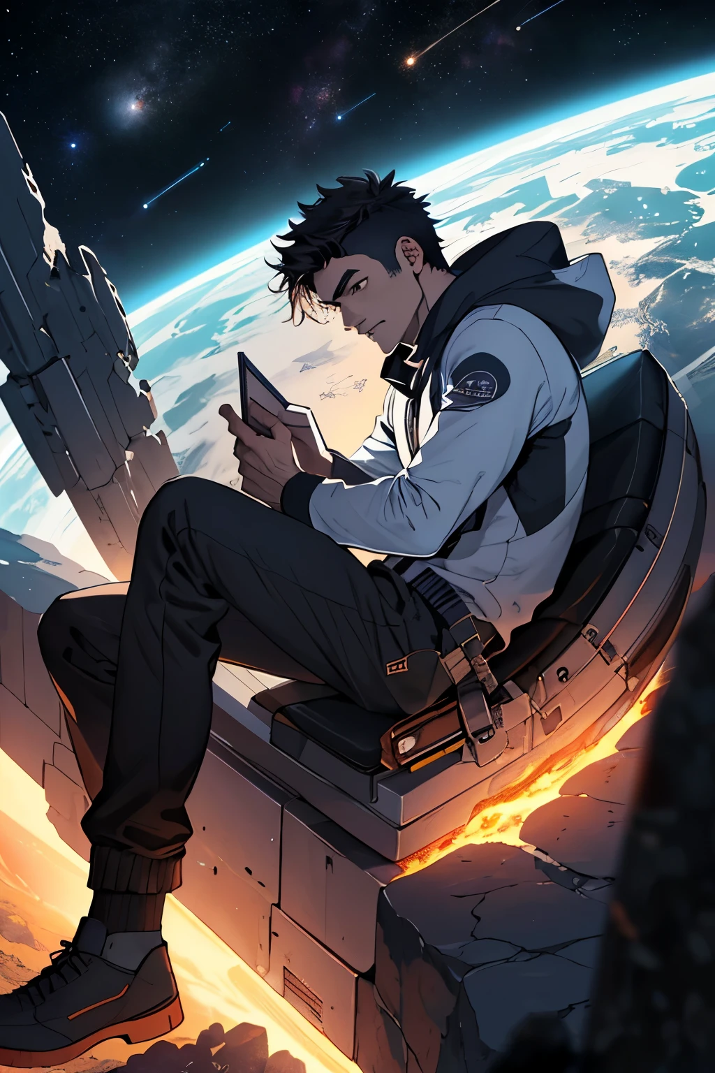 Dibuja un joven programador., sitting on a research platform floating in the middle of an asteroid belt. He is studying with a notebook., rodeado por varios asteroides que brillan con auras de fuego. Spectacular illumination of distant stars and planets illuminates the scene., proyectando sombras profundas sobre el traje. El joven parece confiado y decidido., mirando el vasto y misterioso universo con asombro y respeto,vello facial, tiro de vaquero,