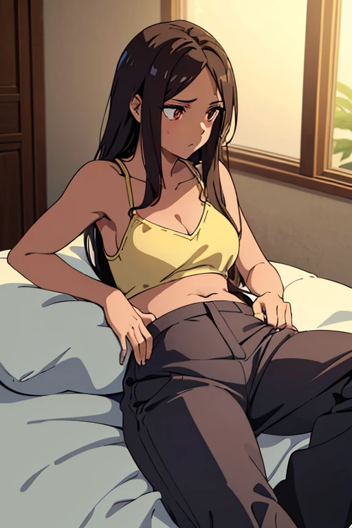 (detailed), perfect face, brown skin anime woman in a deep V-neck tied top, (bare shoulders), (jeans), (long hair), starving, (resting hands on the stomach), (hands on the stomach), (slim woman), (smooth and shiny skin), tired, eyes closed, lying down, ((best quality)), ((masterpiece))