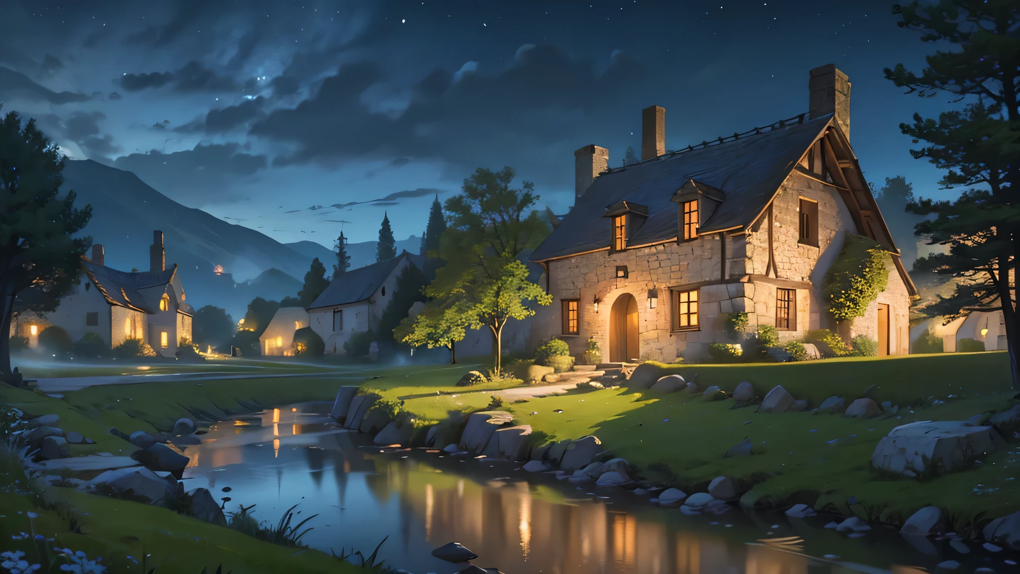 4k high quality, landscape, a medieval house beside a stream, another medieval house in the distance. night time