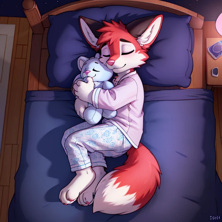 Anthropomorphic male crimson fox, with purple eyes, pink nose, black horns, black sholders, white hands, sleeping on bed, seen from above, wearing a light blue pijama and a pacifier, lying on side, digital art, solo, fullbody view, at night, hugging a plushie, eyes closed.