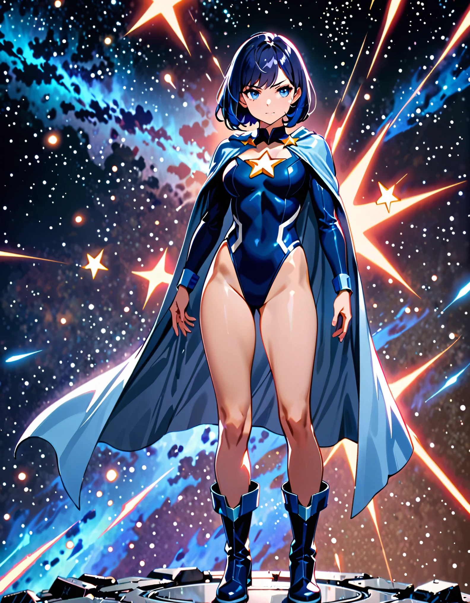 masterpiece, best quality, 1girl, superhero, ((leotard, dark blue leotard)), long sleeves, ((light blue shoulder-length cape)), bare legs, boots, dark blue boots, matching boots, medium breasts, diffraction spikes, light particles, aura, blue aura, standing, standing straight, space backdrop, dark blue hair, ((short hair, bob hair)), blue eyes, beautiful detailed eyes, beautiful detailed face, cute face, perfect hands, complete fingers, perfect anatomy, perfect proportions, heroic, ((star symbol on the chest)), serious, full body, cowboy shot