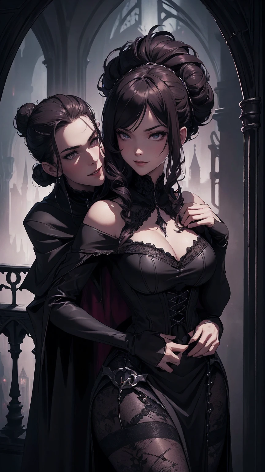 (masterpiece, top quality, best quality, official art, beautiful and aesthetic: 1.2), (1 woman: 1.3), 40 years old, long curly dark brown hair, ((fancy bun)), Victorian style, Victorian classic, extremely detailed, portrait, looking at the viewer, solo, (full body: 0.6), detailed background, close-up, mischievous eyes, (cold midnight castle theme: 1.1), vampire, long fangs, blood on chin, huge lips, charlatan, mischievous smile, mysterious, being seductive on the balcony, revealing gothic dress, extremely tight bodice, black costume, magenta skirts, off-the-shoulder, long sleeves, loose sleeves, black leather , cape, corset, black dress, fishnets, black high boots, buckles, straps, bags, glowing blood magic energy, dark magenta fabric, silver trim, black leather, extremely slim, slim waist, slim hips, medieval background (gothic castle exterior: 1.1), nocturnal, dark and mysterious lighting, shadows, magical atmosphere, Dancing lightly, with chin resting on shoulder, abigail larson art style. Very sexy, with chin resting on shoulder, abigail larson art style, upper body