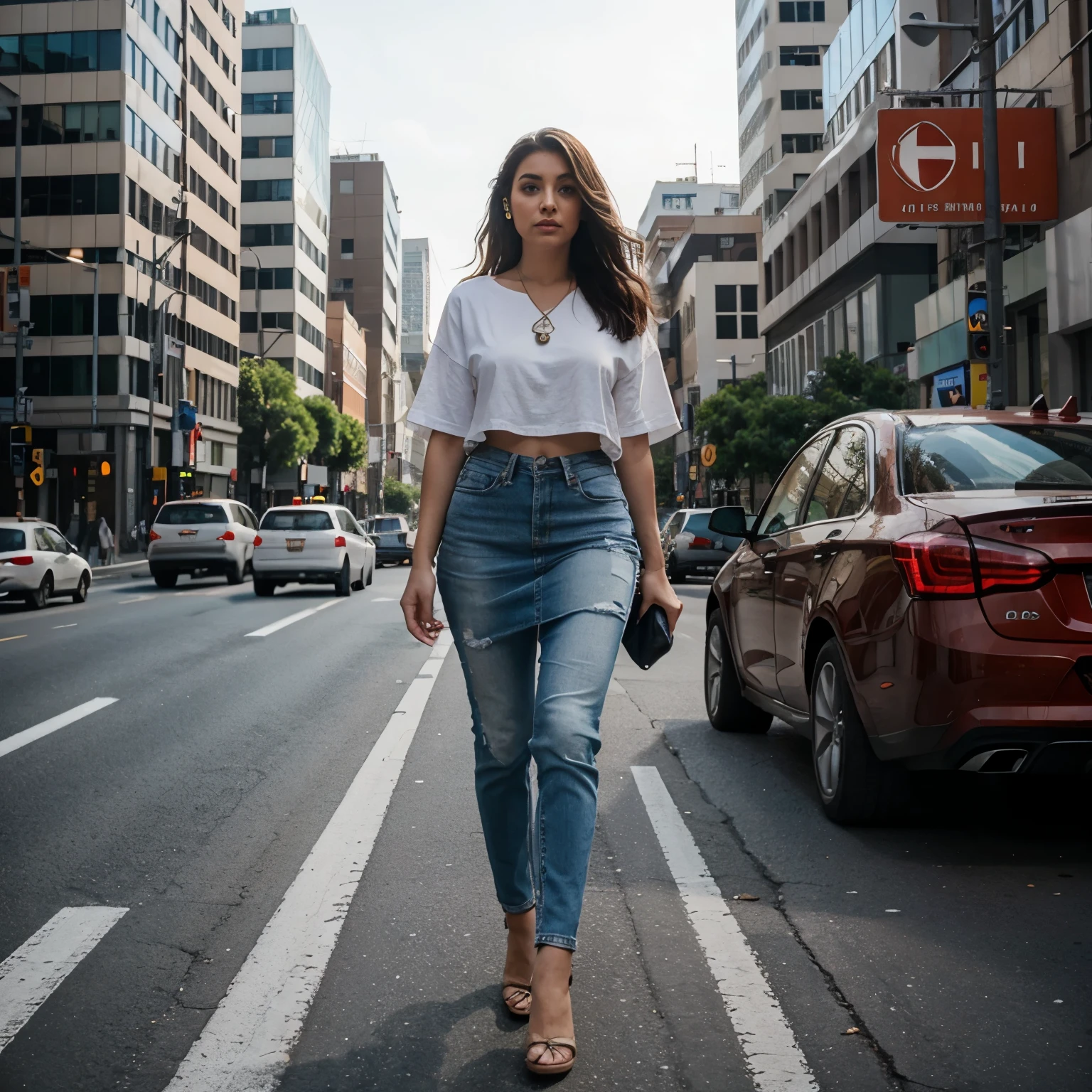 A giant gulever girl walks among city traffic