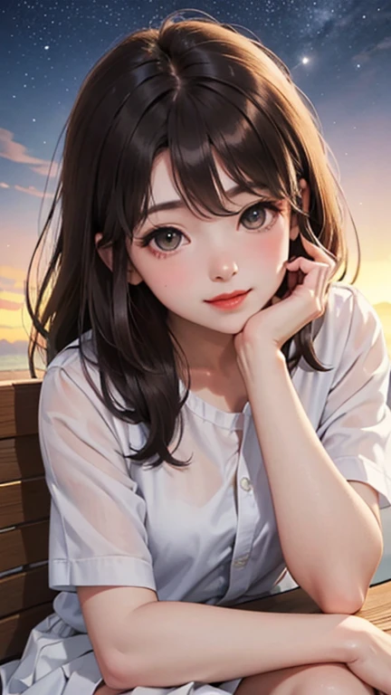Blushing lightly and smiling, (Top quality masterpiece:1.2) Delicate illustrations, Very detailed, /Beautiful Japanese Woman、1 person,Very cute and slim、Excellent style 、((8K images、super high quality))、Very delicate face, Beautiful forehead、Beautiful thighs、Beautiful feet、Deep red lipstick,(((((Long Hair、Gradient Hair、Light brown hair))))),very cute、Kind eyes,(White shirt、Tight Skirt)、starry skies、Night view、Cafe、Date