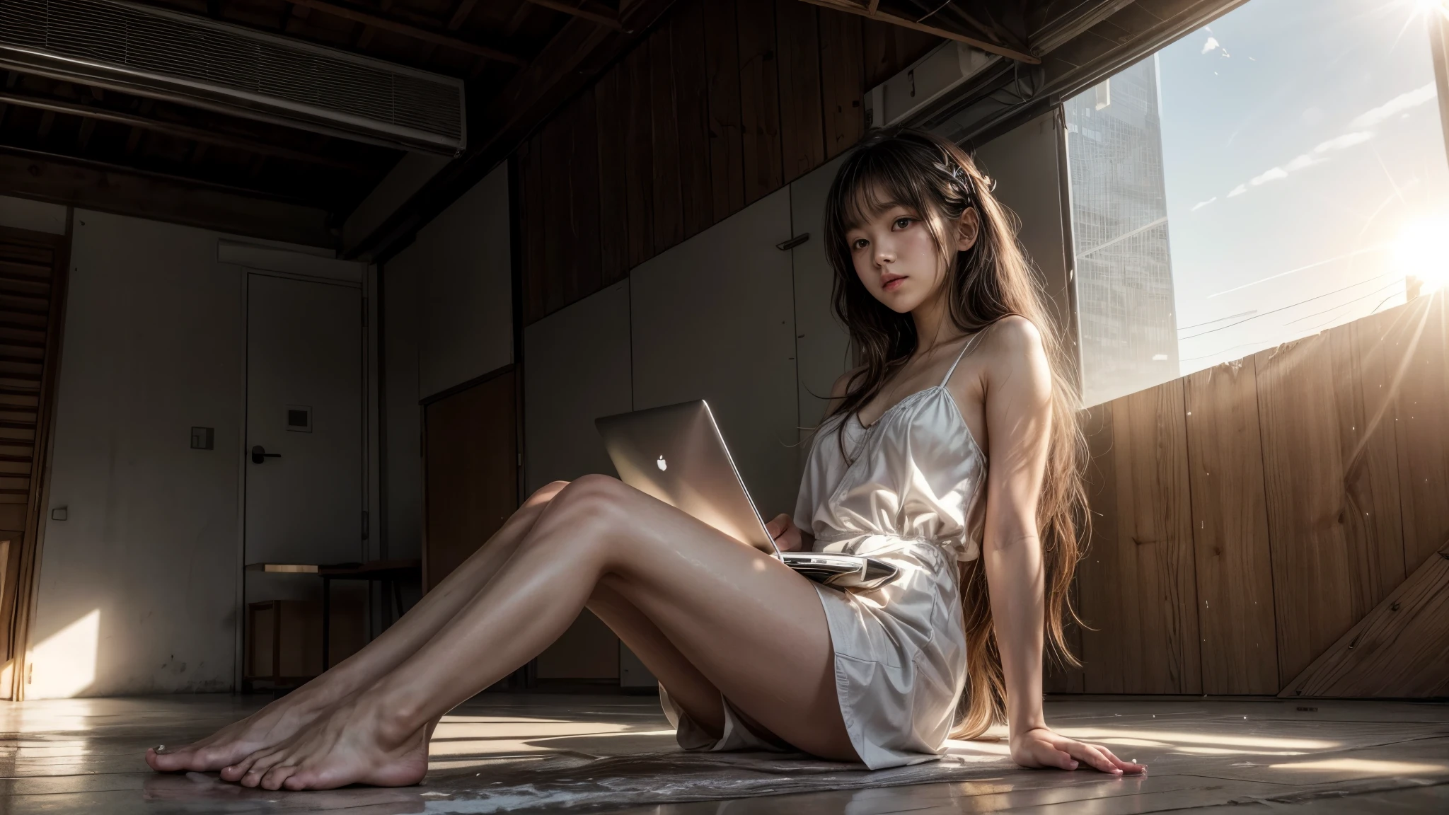 
like an angel without wings. real photo. In the beautiful morning light, stepping onto the concrete floor on the roof of a building in Akihabara, Tokyo, there is a 13 year old female fashion model girl sitting on the outdoor unit of an air conditioner on the roof of a building, young Japanese female, solo female, wearing a white wear, white full body dress, barefoot, she is sitting cross-legged, anatomy anatomically accurate two legs crossed, she has long black hair and a natural perm, beautiful black hair in the morning sunlight, summer sun shining through, she is operating a laptop, her gaze is on the laptop display, both women's hands are on the laptop Behind her head, a lone dove spreads its wings wide, only in place, the dove's feathers shining in the warm reflection of the morning sun. From the rooftop of the building where she is sitting, the buildings of Akihabara are in the vicinity. There are concrete buildings, ladders, and warm morning sunlight coming in from the upper left corner of the screen. A diagonal band of light crosses from the left corner of the screen to the lower right corner of the screen.