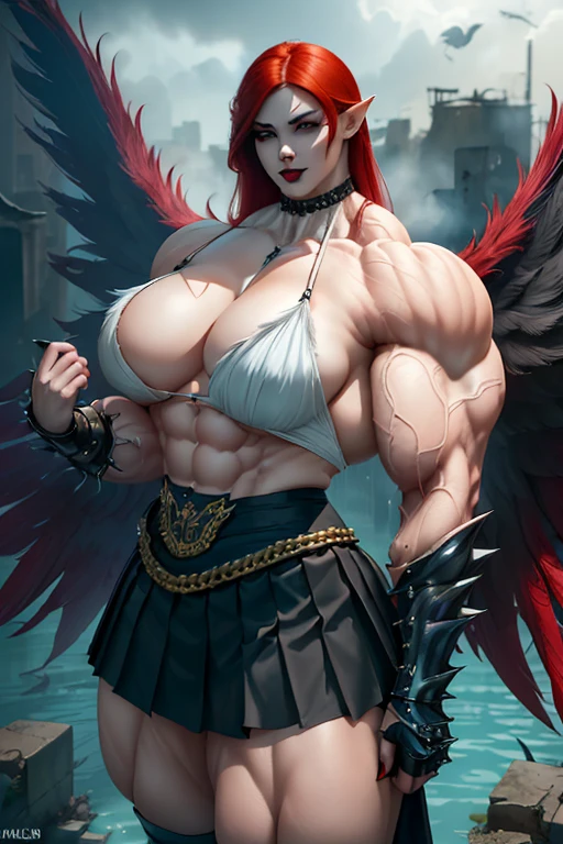 (((((Massive tall, beautiful, buff, pale white skinned muscular asian woman with red hair, black lipstick, giant feathered wings, ginormous bulky muscles and wearing a black gothic blouse with a black pleated skirt))))), ((close view)), (massive muscles), hyper muscle shoulders, hyper muscle triceps, (long hair), yellow eyes, choker, (chain belt), (pleated skirt), black boots, (spiked gauntlets), white smoke and white fog surrounding the body, (on top of a dilapidated building surrounded by water in a destroyed city), cocky smirk, night, hyper vascular arm, hyper muscles arms, hyper muscle legs, (ginormous arms).