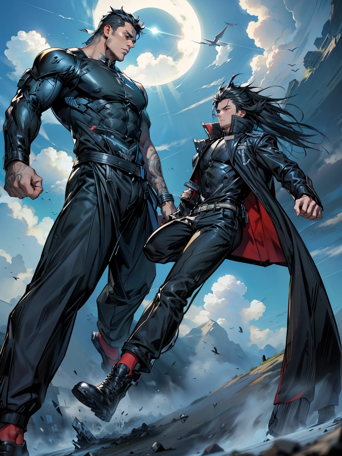 boys 26 Years old, Serious face, wearing black, black pants, black hair, levitate on sky, blue sky, cloud