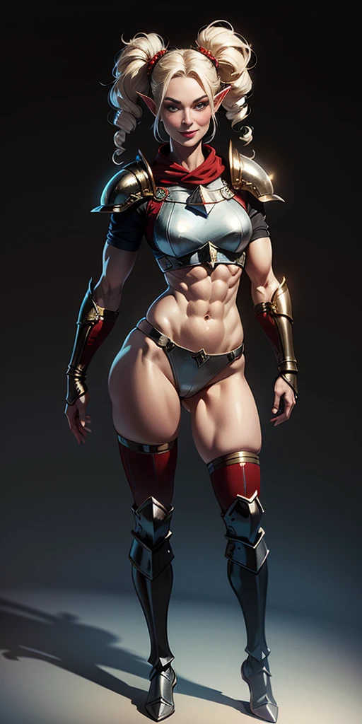(plain background, masterpiece, best quality, ultra-detailed, best shadow: 1.2) (1girl)( RED skin:1.2) full body, RED breastplate, RED skin, looking at viewer, shiny, armor, thigh highs, high boots, shoulder armor, faulds, poleyn, gloves, gauntlets, rerebrace armored boots, pauldrons, yordle pointy ears muscular lean platinum blonde long twin-tails hairstyle at the office lustful smirking smile face red blushed, blush, strong abs, female body builder, tiara, twin drills hair
