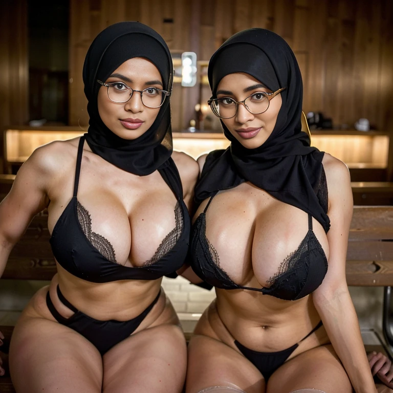 (portrait), In an dimly lit empty back alley, two sexually attractive hourglass figure depraved (hijabi) (Muslim) MILF sit side by side on a wooden bench, radiating lust and sexual desirer. They share the same height and body proportions, creating a visually stunning image of unity and strength.

Both ladies wear (lace hijabs), beautifully wrapped around their heads, framing their faces and accentuating their sensuality.

Complementing their (hijabs), both ladies wear (stockings) (daring string bikinis) that add a subtle hint of allure to their ensemble. The stockings enhance their sensual and lust-satisfying posture, further highlighting their hourglass figures.

Their makeup is flawlessly applied, with striking red lips, voluminous mascara, captivating eye shadow, precise eyeliner, and luxurious lashes. These elements enhance their already mesmerizing features, drawing attention to their expressive eyes.

As they sit close to each other on a wooden bench, they exude a sense of unity and sisterhood. Their presence showcases the beauty and strength of hijabi Muslim women, empowering others to embrace their identities and celebrate their unique beauty.

both is looking at viewer, skin texture, ultra high res, RAW, instagram LUT, masterpiece, best quality, ultra-detailed, ultra high resolution, RAW, 4k, (looking at viewer), extremely detailed eyes and face, ((beautiful detailed nose)), ((beautiful detailed thigh)), ((beautiful detailed eyes)), perfect body proportion,  (looking at the camera), seductive face, cheerful, happy, (SFW:1.5), (glasses), empty church, perfect legs