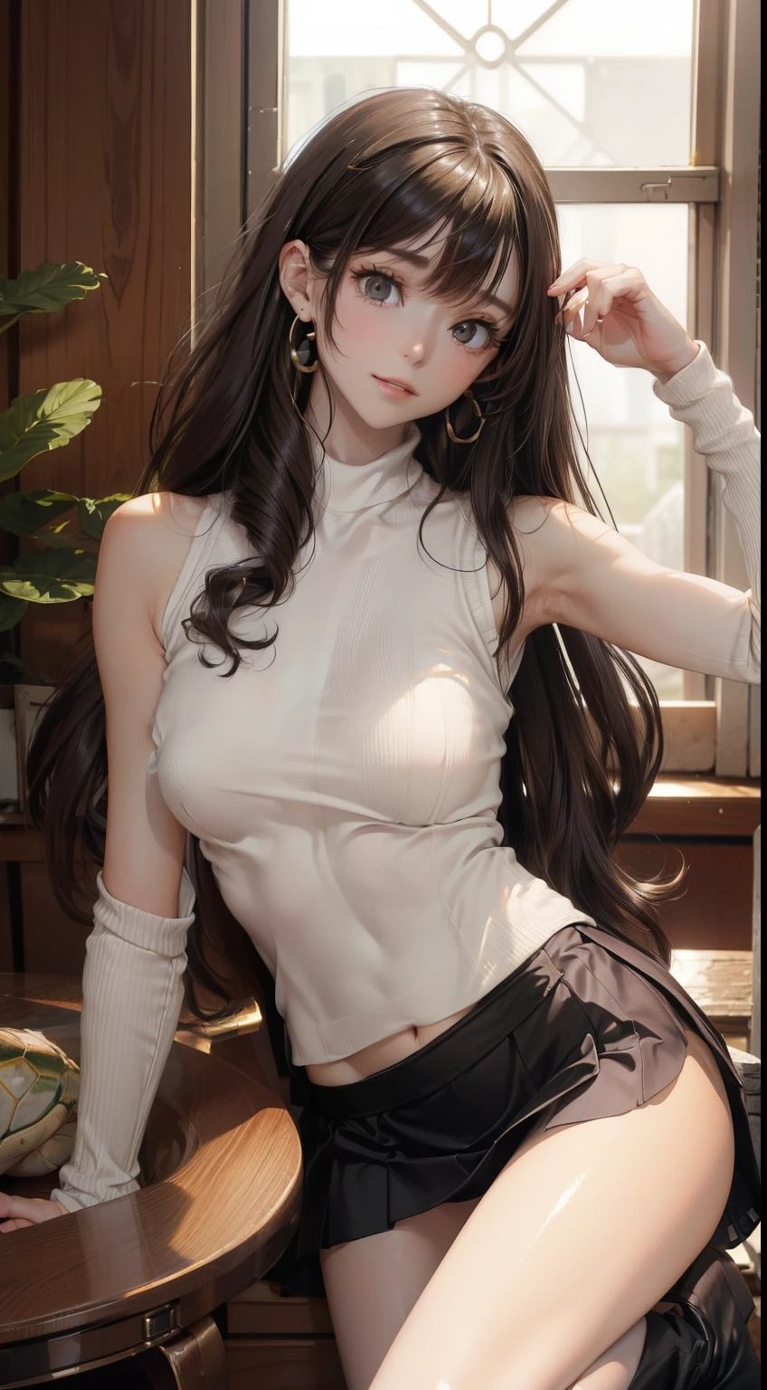 (masterpiece:1.3), High resolution, Very detailed, Very detailedな CG Unity 8k 壁紙, Realistic, photo-Realistic, RAW Photos, Beautiful and dense face, Pale skin, Realistic glistening skin, High quality fabric, Detailed hair texture, Perfect body, Beautiful Face, Accurate, Anatomically correct, Very detailedな顔と肌の質感, Natural neck length, (Beautiful Hands), (Fair skin:1.2), Thin legs, Thin legs, 
break, 
Beautiful Eyes, Symmetrical eyes, Light brown eyes, double eyelid, Thin eyebrows, (Glossy Lips:1.4), (Smiling Kindly:1.2), 
break, 
(Browsing Caution:1.1), (Classy and cute girl:1.3), (1 girl), ((Wearing a white sleeveless turtleneck sweater:1.3)), ((No bra:1.1)),  (Black pleated skirt), (Knee-high boots),  
(Medium sized big breasts, Slim figure, Toned Abs, Hard chest:1.1), Beautiful clavicle, 
(Black Hair, Wavy Hair, Long Hair:1.2), ((Asymmetrical bangs:1.2)), Second dimension beautiful girl