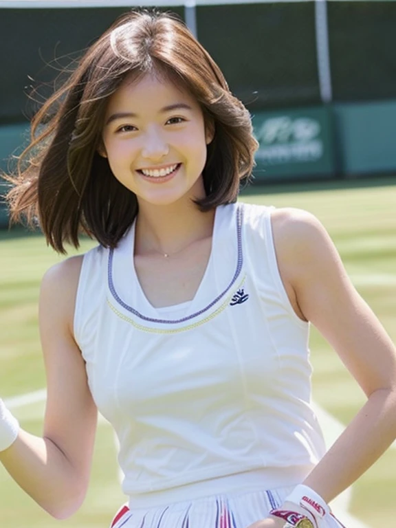 1The girls、Shirts、pleatedskirt、17 age、Bob Hair Style、A smile、A delightful!、japanes、enmaided、Chromo-white skin、Beautiful eyes、(small tits)、Playing tennis、Wimbledon、Wearing white tennis wear、Movie Lighting、Upper body portrait、