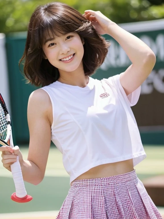 1The girls、Shirts、pleatedskirt、17 age、Bob Hair Style、A smile、A delightful!、japanes、enmaided、Chromo-white skin、Beautiful eyes、(small tits)、Playing tennis、Wimbledon、Wearing white tennis wear、Movie Lighting、Upper body portrait、