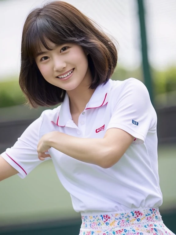 Best-quality, Masterpiece, Ultra-High-Resolution, (Photorealistic:1.4), Raw-Photo, 1girl, 15-years-old, the most famous Japanese idol, playing tennis at tennis-court, wearing tennis-uniform with cute-design, extremely beautiful black-short-cut-haired, extremely cute face like the most popular Japanese idol, ((extremely beautiful big-black-eyes)), extremely beautiful skins, extremely beautiful body, dynamic-pose, innocent smile, detailed tennis-uniform-with-cute-design