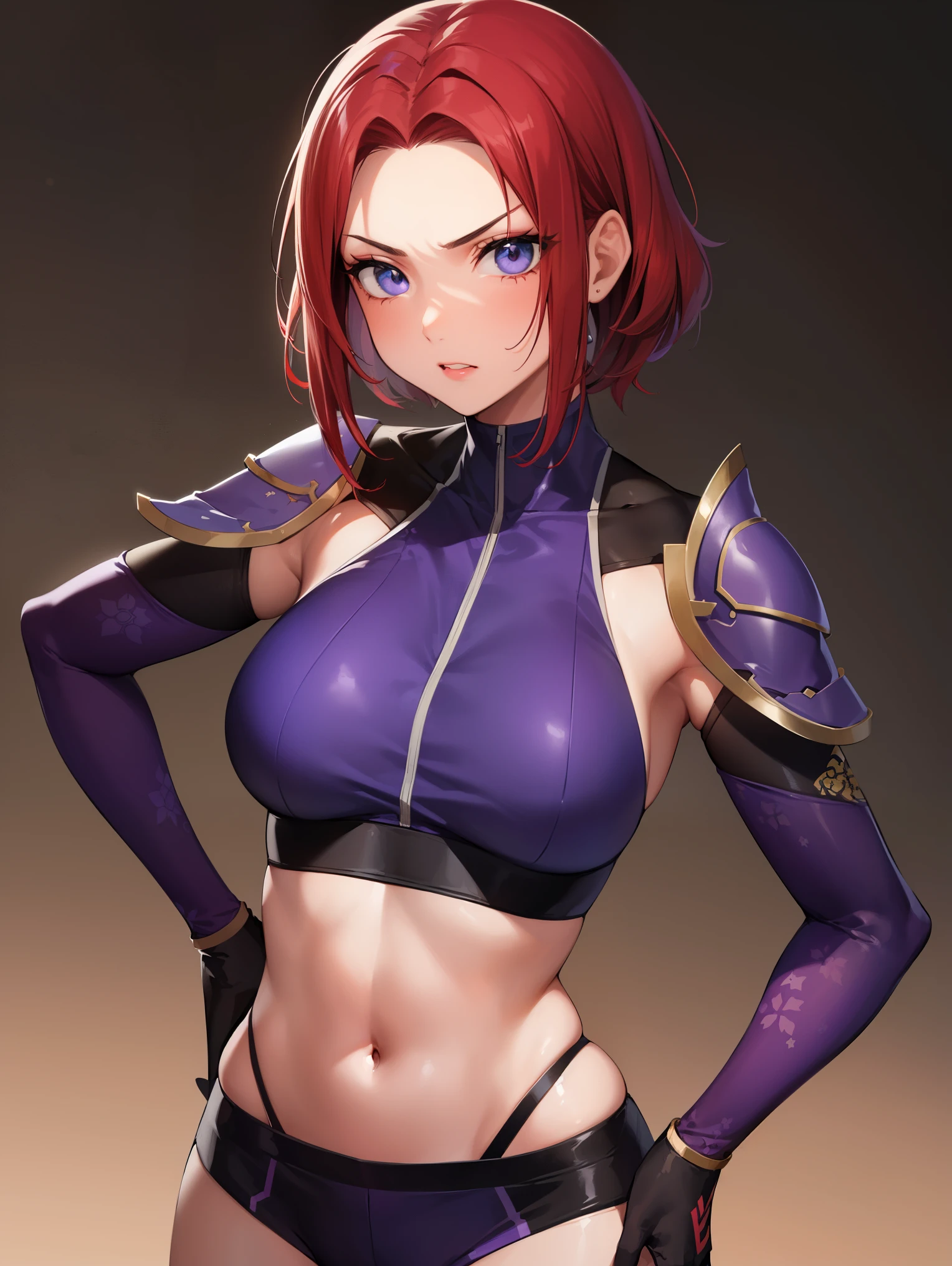 kallen stadtfeld, blue eyes, ((red hair:1.5)), short hair,
BREAK ((purple_clothes, ninja_clothes,navel:1.5))
BREAK hand on hip, angry, pov,
BREAK (masterpiece:1.2), best quality, high resolution, unity 8k wallpaper, (illustration:0.8), (beautiful detailed eyes:1.6), extremely detailed face, perfect lighting, extremely detailed CG, (perfect hands, perfect anatomy),