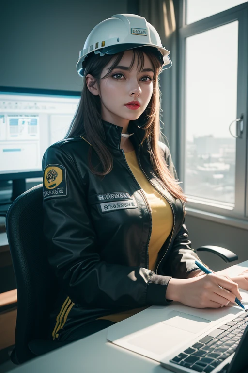 A 3D design of a woman wearing engineering clothings wearing an engineering helmet on her head, sitting on a chair, browsing the computer at a table containing pens, a ruler, and a led light,red lips and yellow eyes and perfect face, Details, Octane render, 8K, High quality, Ultra detailed, Intricate, Full HD, Studio light, Realistic lighting, Photorealism, Film photography, Photography