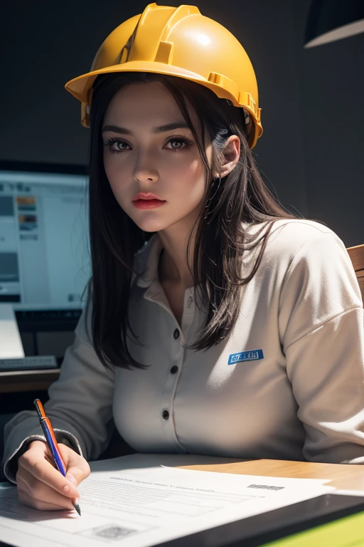 A 3D design of a woman wearing engineering clothings  wearing an engineering helmet on her head, sitting on a chair, browsing the computer at a table containing pens, a ruler, and a led light,red lips and yellow eyes and perfect face, Details, Octane render, 8K, High quality, Ultra detailed, Intricate, Full HD, Studio light, Realistic lighting, Photorealism, Film photography, Photography