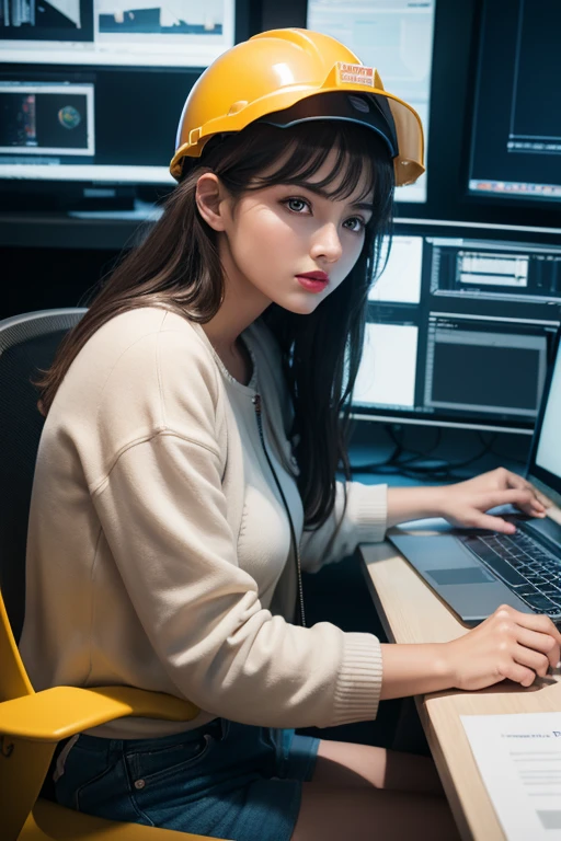 Ridiculous resolution, high resolution, (masterpiece: 1.4), Ultra Detail, Dark-haired young woman dressed as a technician, Blush and excited expressions, Sitting in the extremely small and closed mecha control room