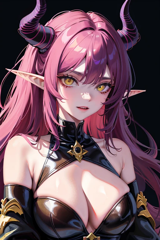 A female Milf demon with long distinctive hair with elf ears and black demonic horns, Yellow eyes of the demon, pupila vertical, rosto maduro e adulto com um sorriso perverso para os espectadores, dentes de vampiro, corpo volumoso com seios e busto enormes, pale skinned, Widow's dress in black setting and mist, corpo volumoso com seios e busto enormes, pink hair with purple locks wet with drops of this red liquid,(yellow demonic eyes), olhos brilhantes, Moda realista, sysie high definition details, fotografia, perspicacity, unique 850 4, Koda850 k portrait camera, Primavera F1.6, cores ricas, Textura super realista, textura de luz espetacular, arte surreal, Cinestil 800 mecanismo de moda.