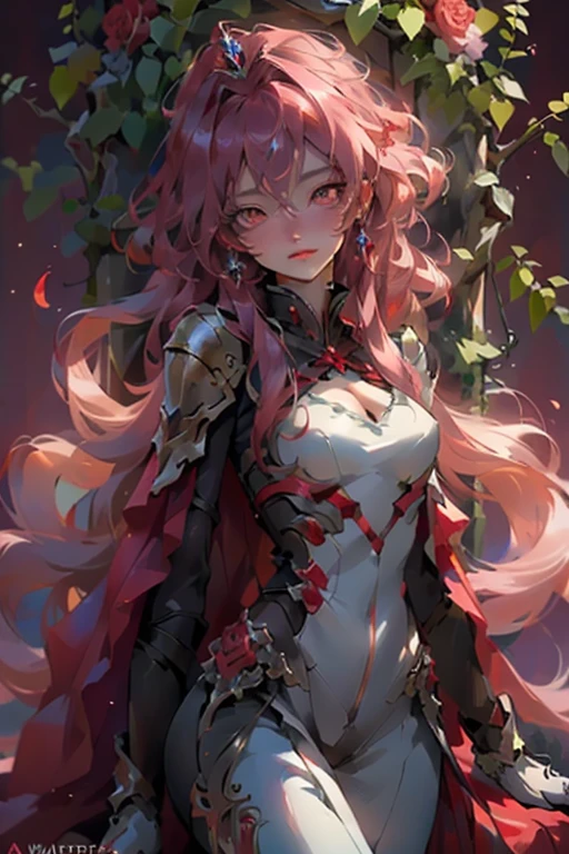 ((best quality)), ((masterpiece)), (detailed), perfect face, perfect body, ((detailed red eyes)), purple curly long hair with tiara, Goddess armor , full body ,luminous red rose petals dropping ,epic throne in the dark abyss with sparkle lights background , rose thorn vines , whole body , cleavage showcase