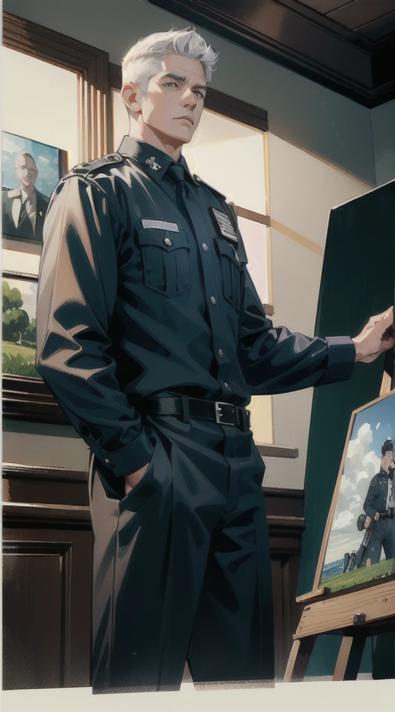 (Absurd, High Resolution, Ultra Detail, HDR), Masterpiece, Best Quality, (Middle-aged), (Male Police Officer), Wearing Police Uniform, Brown Eyes, White Hair, 1:2, Half, Attention Proportion, Panorama, Standing Painting