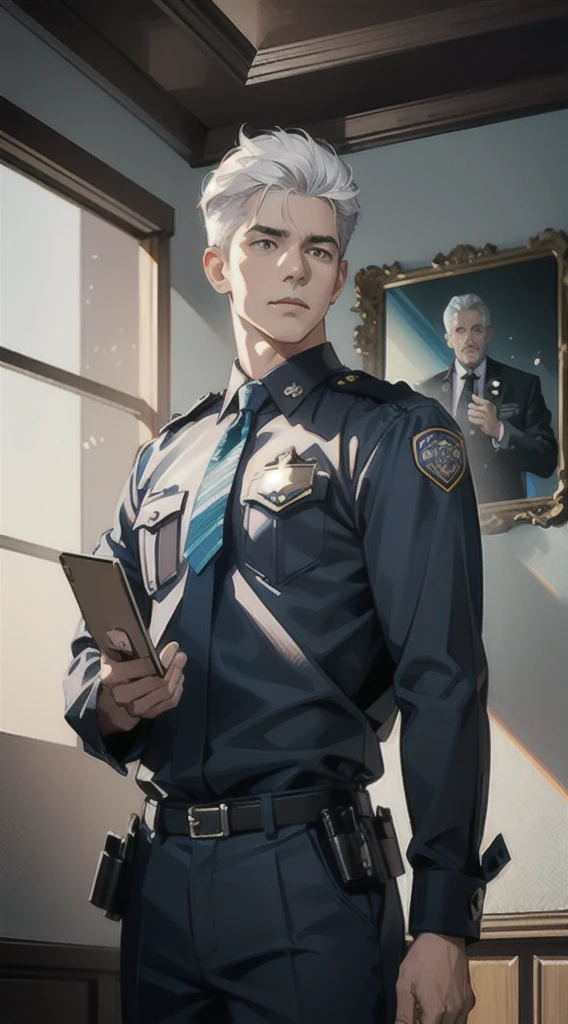 (Absurd, High Resolution, Ultra Detail, HDR), Masterpiece, Best Quality, (Middle-aged), (Male Police Officer), Wearing Police Uniform, Brown Eyes, White Hair, 1:2, Half, Attention Proportion, Panorama, Standing Painting