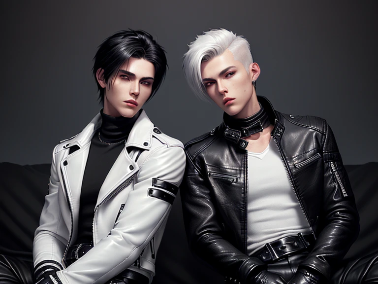 Final Fantasy-style graphics, young, Cute and cool two Japanese boys,borth Thin eyebrows and big eyes, both wearing a shiny white single-breasted leather jacket.......。Biker style leather jacket、 with epaulettes, The jacket is zipped up, The jacket pockets are black., The jacket has a high stand-up collar with a belt, Also wearing a black turtleneck, Black Leather Pants, Thin black leather gloves on both hands, Black leather knee-high lace-up boots, Show me your ((whole body)) from head to toe, Final Fantasy Style、((good looking))、((Age: 20 years old))、((good looking))、((Clear eyes and nose))、((Shiny white color single leather jacket))、((The jacket must be white color.))、((The jacket has epaulettes))、((Jacket has a high stand-up collar and belt))、((The jacket has a black pocket))、((Black turtleneck shirt))、((Black Leather Pants))、((Always wear shiny black leather gloves on both hands))、((Cover all fingers on both hands with gloves))、((Black lace-up leather long boots))、((View full-body images from a distance))、Realistic image quality and texture、In a small cell、((close the eyes))、A kind smile、((The front of the jacket is closed with a zipper))、((No skin below the neck))、((round face)、((Short Hairstyleedium build))、((Upright posture))、((don't sit))、((borh sleeping with bed))、((he handcuffed both hands))