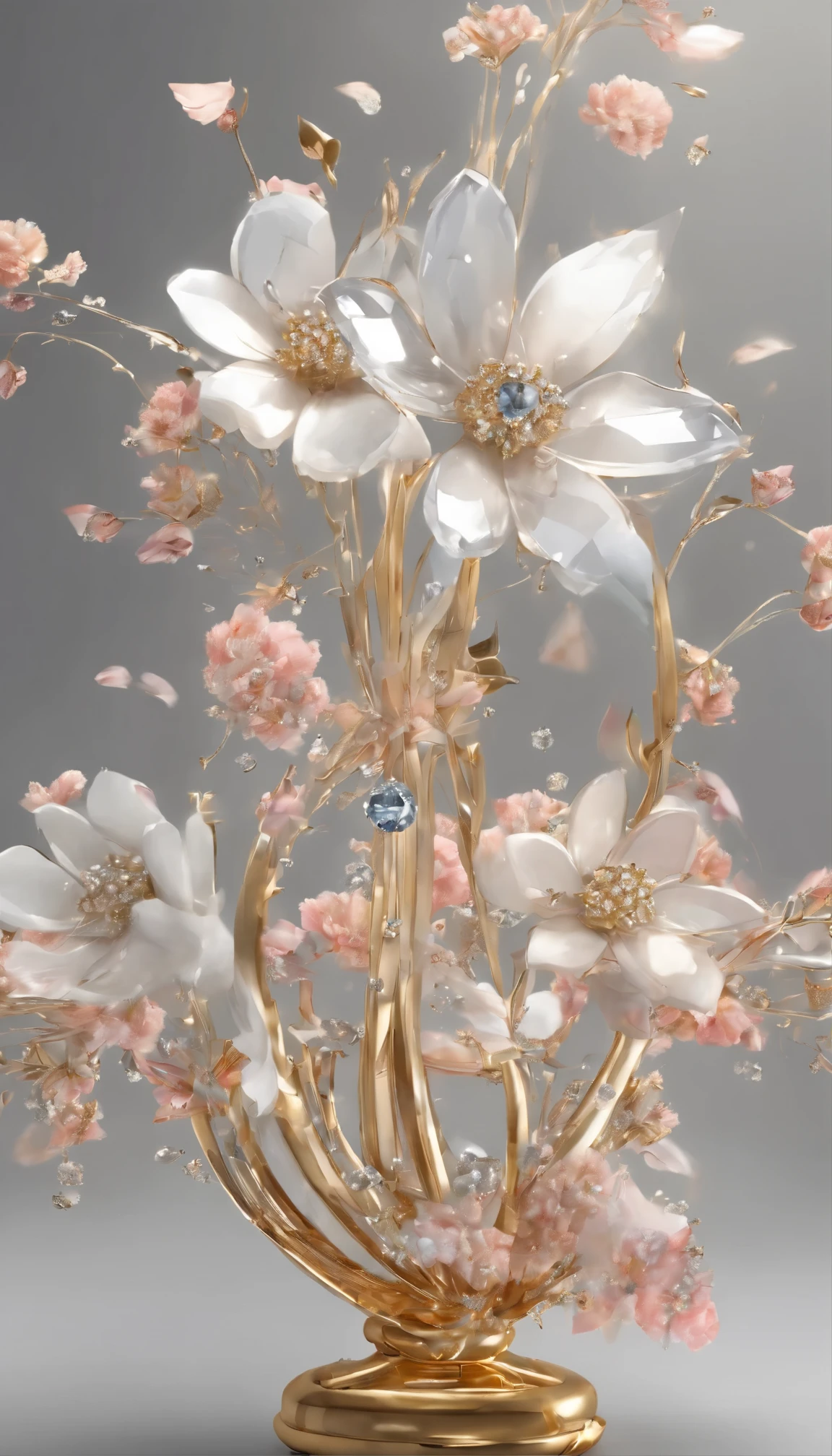 All expressed with jewels, the arrival of spring, various beautiful flowers, angles looking up from below, various jewels falling from the sky, wonderful and beautiful superb view, slightly hazy, fantastic, high resolution, 8K