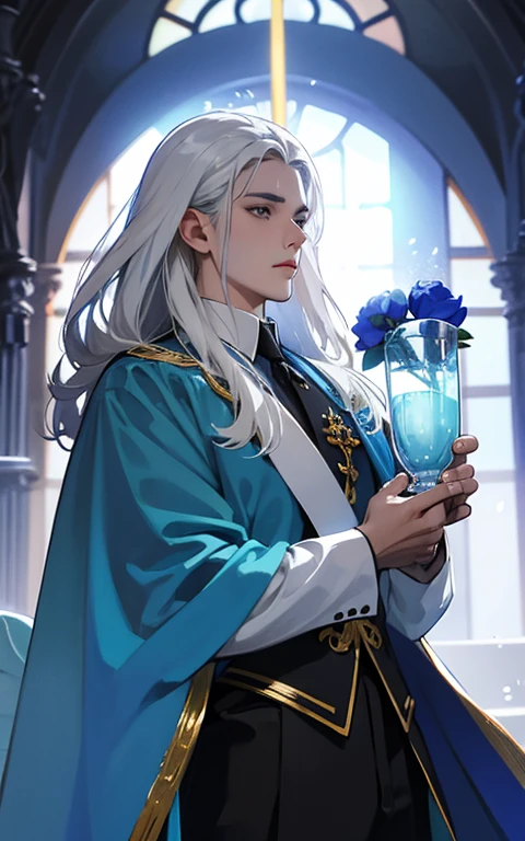 Hombre apuesto de aspecto angelical, muy bello, con pelo largo y blanco, masculino, delgado, con ojos azules, con una corona siendo el dios del infierno