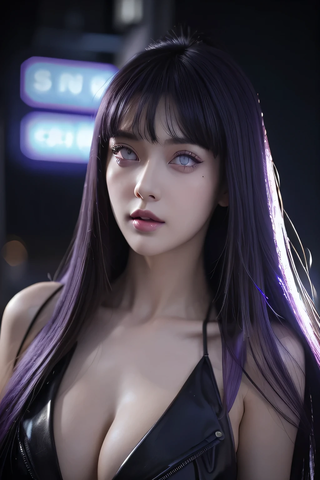 One female , bright purple eyes , "pupils glowing purple" , dark blue hair , blonde highlights" , very_long_hair with bang, big_breasts , perfect figure , detailed face, perfect face, upper body, masterpiece , best quality , ultra detailed , (detailed background) , perfect shading , high contrast , best illumination , extremely detailed , ray tracing , realistic lighting effects , neon noir illustration , cyberpunk background