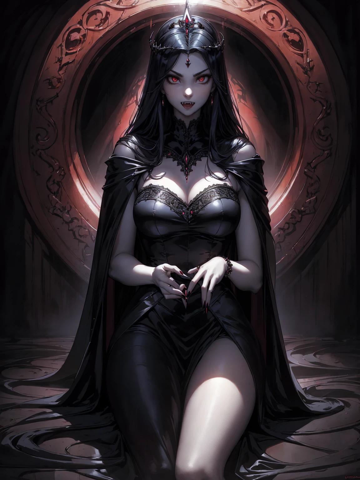 absurdres, ((stunning female Vampire))), goth Renaissance, (long black hair:1.erfect and detailed angular sharp oval shaped face, ((redeyes)), jewelry, red and black tetradic colors, full lips, gothic castle background, (solo), perfect anatomy, approaching perfection, ethereal, intricate details, ultra-high definition, 12k resolution, goth aesthetic, smooth, sharp focus, dreamy, glowing, backlit, glamour, glimmer, fantastical, shadows, smooth, Gothic crown, sitting on the ground,