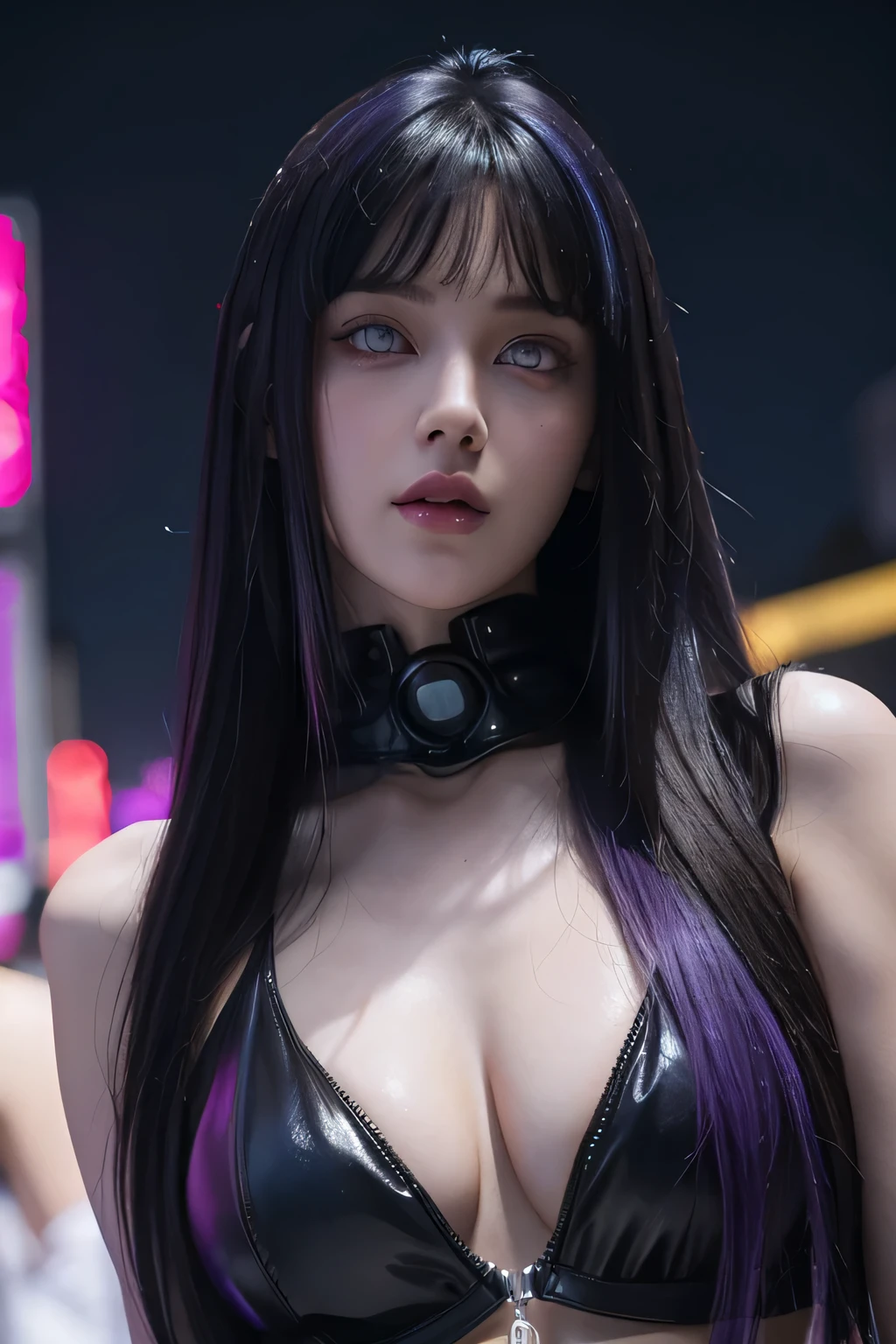 One female , bright purple eyes , "pupils glowing purple" , dark blue hair , blonde highlights" , very_long_hair with bang, big_breasts , perfect figure , detailed face, perfect face, upper body, masterpiece , best quality , ultra detailed , (detailed background) , perfect shading , high contrast , best illumination , extremely detailed , ray tracing , realistic lighting effects , neon noir illustration , cyberpunk background