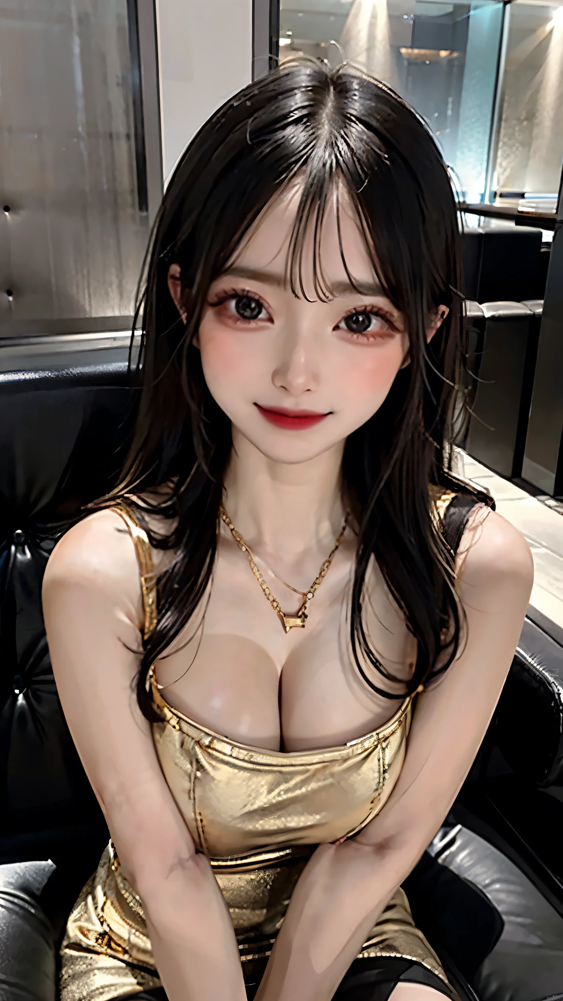best quality, ultra-detailed, illustration, Sit on the edge of the sofa、
cabaret, scenery, bar (place), indoors, chair, table, light,
jewelry, necklace, smile, black hair, looking at viewer, sleeveless dress, bracelet, sitting, drinking , alcohol, Cup
 ((Big Breasts)), (((Golden lighting)))

(Beautiful、Beauty、Beauty、Unparalleled Beauty、A sweet ecstatic face:1.3、Come closer to me so that I can get close to you、Sit on the edge of the sofa)

Luxury lounge