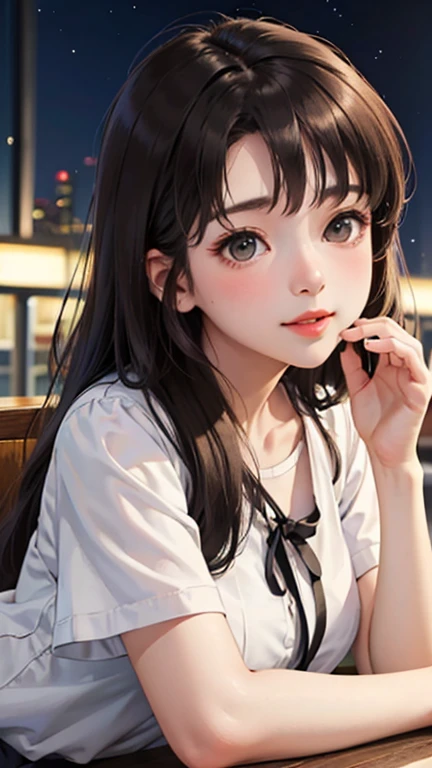 Blushing lightly and smiling, (Top quality masterpiece:1.2) Delicate illustrations, Very detailed, /Beautiful Japanese Woman、1 person,Very cute and slim、Excellent style 、((8K images、super high quality))、Very delicate face, Beautiful forehead、Beautiful thighs、Beautiful feet、Deep red lipstick,(((((Long Hair、Gradient Hair、Light brown hair))))),very cute、Kind eyes,(White shirt、Tight Skirt)、starry skies、Night view、Cafe、Date